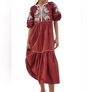 By Anthropologie Gretel Embroidered Elbow Puff Sleeve Tiered Midi Dress